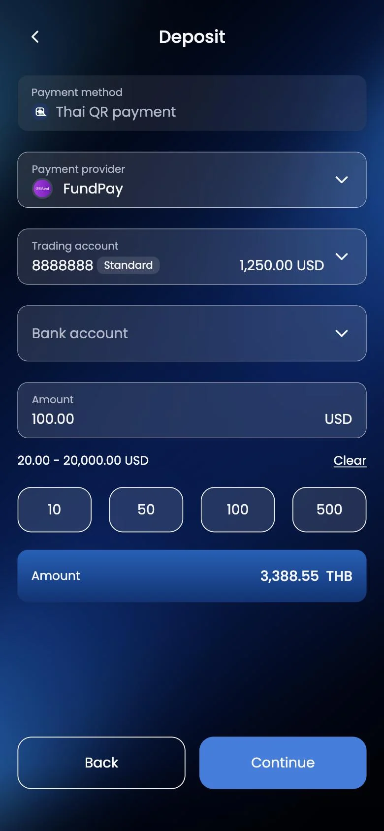 หน้าจอจริงของระบบ OTG: ฟอร์มฝากเงินผ่าน Thai QR ใส่ 100 USD แสดงยอดเป็นเงินบาท