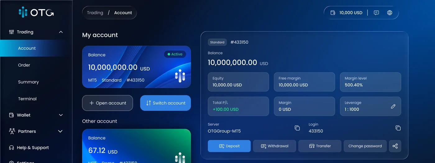 หน้าบัญชีบนเว็บ OTG พร้อมปุ่ม Deposit, Withdrawal และ Transfer